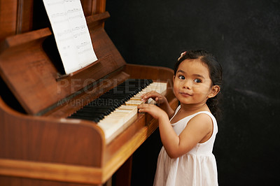 Buy stock photo Piano, girl and baby in home for learning, practice and classical education with musical notes. Training, melody and kid with talent, creative or hobby with instrument, child development or skill
