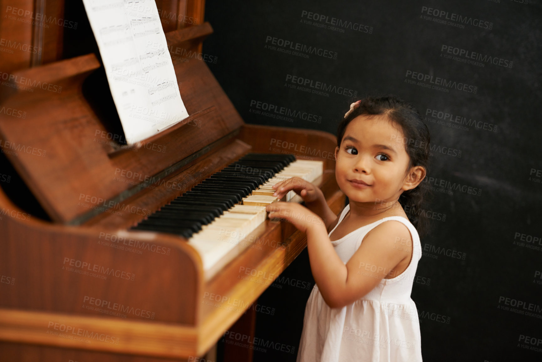 Buy stock photo Piano, girl and baby in home for learning, practice and classical education with musical notes. Training, melody and kid with talent, creative or hobby with instrument, child development or skill