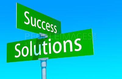 Buy stock photo Shot of two road signs reading "Success" and "Solutions"