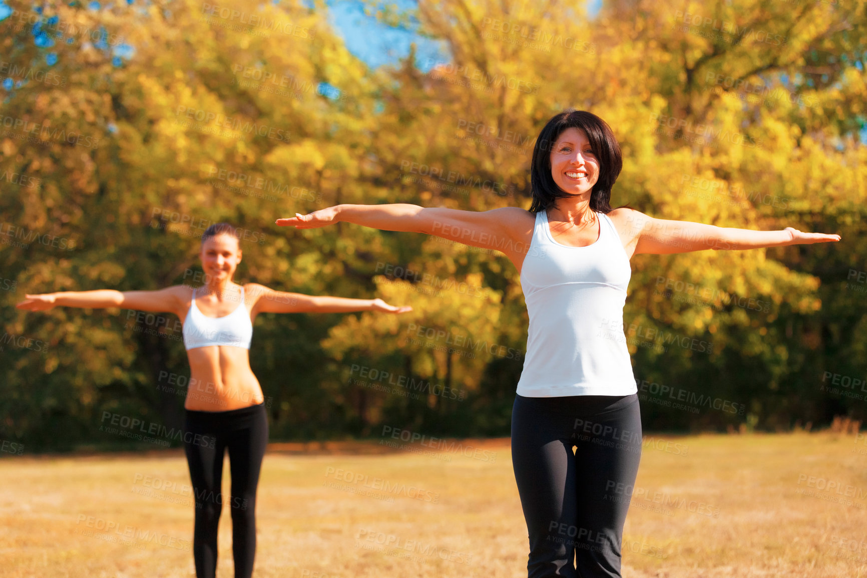 Buy stock photo Fitness, stretching and women in a park for yoga, balance or mental health wellness outdoor. Spiritual, healing and friends with arm stretch in a forest for flexibility, posture or breathing in nature