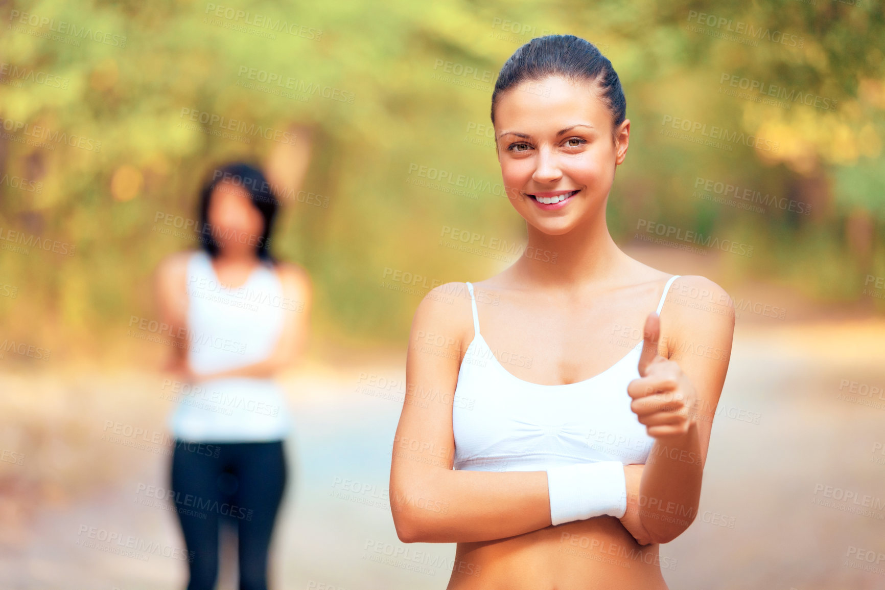 Buy stock photo Outdoor, fitness and portrait of woman with thumbs up in woods or forest for exercise. Workout, achievement and girl smile in summer, nature or park with happiness, pride and runner sign for yes