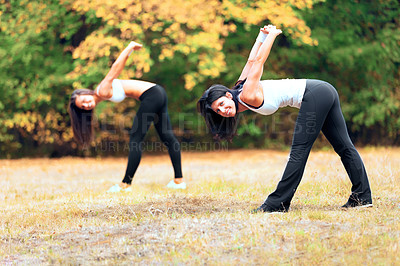 Buy stock photo Women, yoga stretching and portrait in a outdoor park for exercise and fitness. Health, wellness and arm warm up of female friends in nature on grass feeling happy with smile from body care and sport