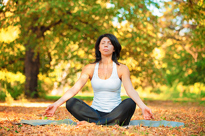 Buy stock photo Woman, meditation and nature for yoga outdoor for wellness and peace of mind, forest and fitness. People, calm and breathe with stillness of chakra for energy, balance and sitting for flow of ease