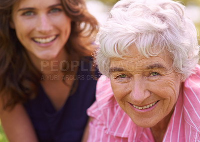Buy stock photo Senior, mother and woman in happy portrait outdoor to relax in summer, holiday or vacation together. Elderly, mom and family with love and support and smile in retirement with health and wellness