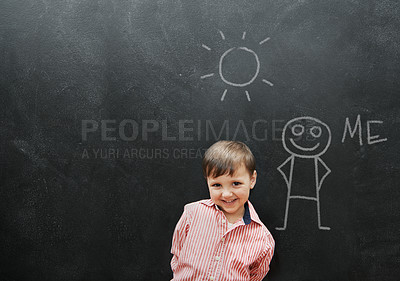 Buy stock photo Child, boy and portrait or smile by blackboard with drawing, character or creative fun in classroom at school. Kid, student or happy for illustration, education or chalkboard with mockup at preschool