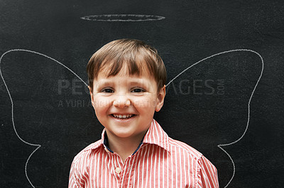 Buy stock photo Person, portrait and chalk with wings on board with smile in class, school and drawing for young skill development. Child, blackboard and creativity for learning, education and growth with happiness