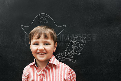 Buy stock photo Child, pirate and chalkboard with portrait with education in class, school and drawing for young skill development. Kid, blackboard and creativity for learning, growth and smile with happiness
