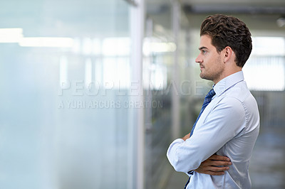 Buy stock photo Man, business and arms crossed in office for thinking, ideas and vision for corporate enterprise work. Professional businessman, confidence and brainstorm for planning for job, career and workplace