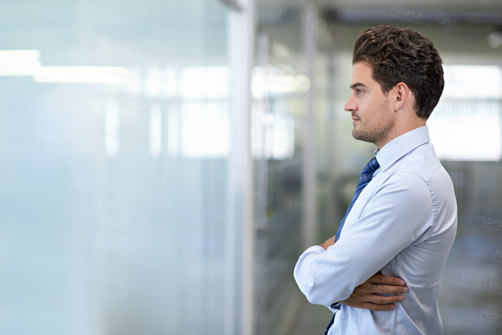 Buy stock photo Man, business and arms crossed in office for thinking, ideas and vision for corporate enterprise work. Professional businessman, confidence and brainstorm for planning for job, career and workplace