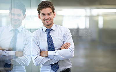 Buy stock photo Businessman, portrait and happy with arms crossed in office for professional career in finance, confidence and pride. Entrepreneur, face of employee and smile for relax, break or mockup space at work