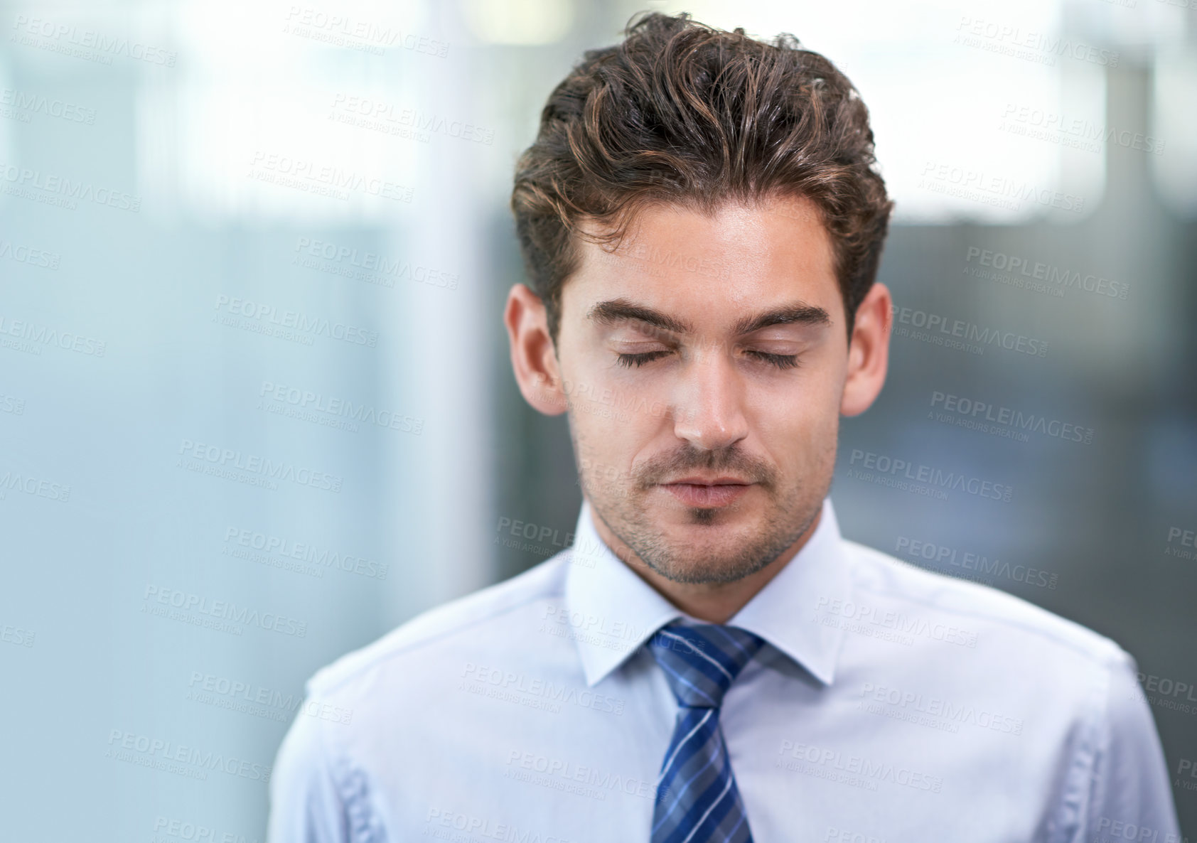 Buy stock photo Businessman, moment and calm breathing in office for stress management, relief and balance for peace while working. Man, relax and eyes closed in workplace for wellness break for corporate work