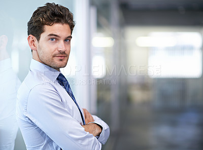 Buy stock photo Businessman, portrait and pride with arms crossed in office for professional career in finance, confident or serious. Entrepreneur, face of employee and smile for relax, break or mockup space at work