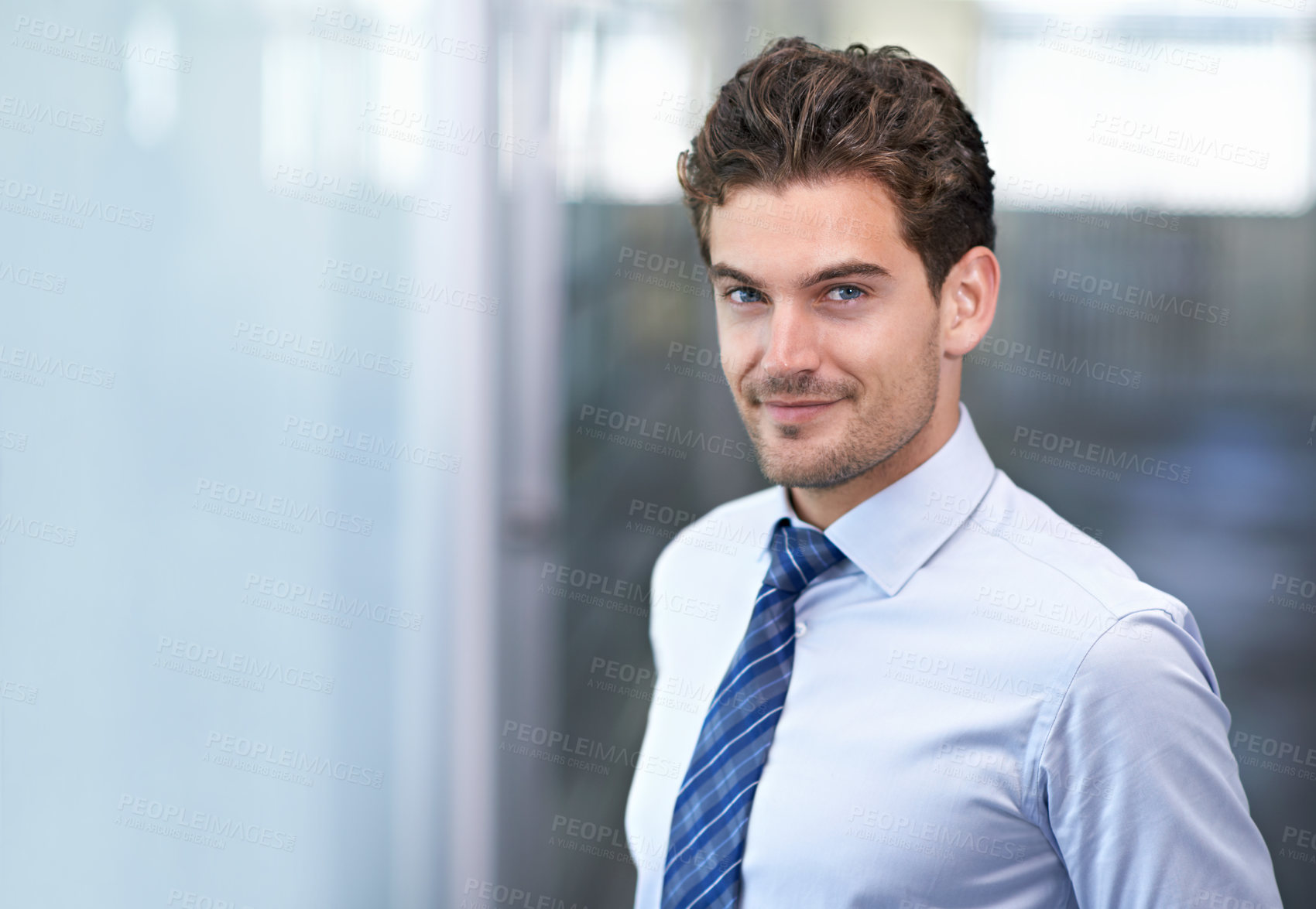 Buy stock photo Businessman, portrait and office for formal, confidence and professional financial manager. Male person, formal and smile for ambition, startup and entrepreneur for career and project management 