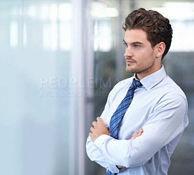 Buy stock photo Businessman, thinking and corporate professional in office for brainstorming company growth, project planning or future. Male person, thoughts and financial consultant for career, vision or confident