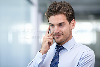 Buy stock photo Business man, thinking and planning in workplace, problem solving and contemplating a solution. Male person, decision and entrepreneur for pondering in office, ideas and confident for startup company