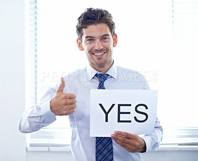 Buy stock photo Businessman, portrait and happy with poster or thumbs up for yes, we are hiring and recruitment support in office. Human resource, employee and face with smile, billboard paper and placard with offer