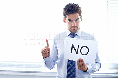 Buy stock photo Portrait, sign and no with business, man and employee with warning and symbol with body language. Face, accountant and entrepreneur with a board and deny with reject and feedback with company review