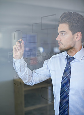 Buy stock photo Businessman, planning and mindmap on glass wall for brainstorming, strategy and idea in office. Thinking, vision and professional man with drawing for analysis, problem solving and innovation