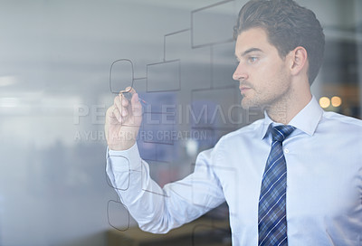 Buy stock photo Businessman, strategy and mindmap on glass wall for brainstorming, planning and vision in office. Idea, thinking and professional man with drawing for analysis, innovation and problem solving