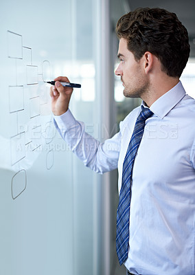 Buy stock photo Businessman, glass wall and mind map for planning in a finance investment office. Thinking, serious and male person with a hedge fund srategy drawing or diagram for trading and investing ideas