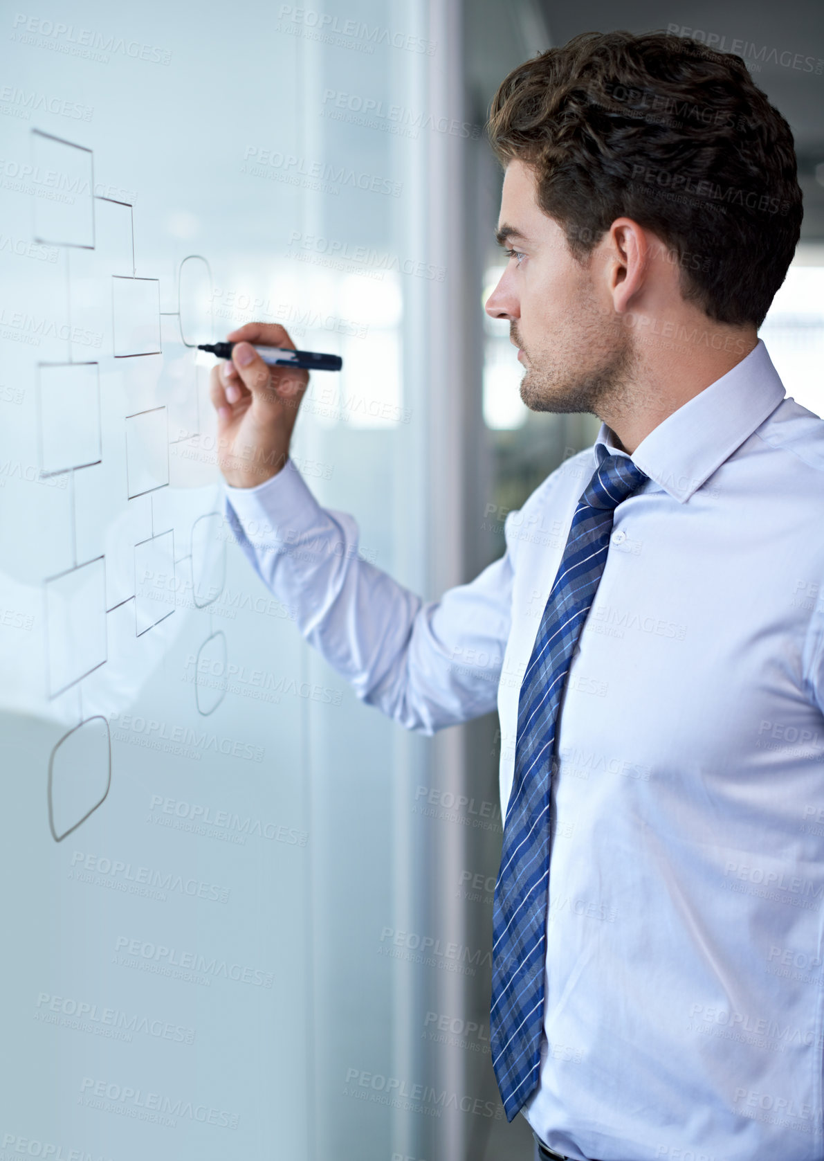 Buy stock photo Businessman, glass wall and mind map for planning in a finance investment office. Thinking, serious and male person with a hedge fund srategy drawing or diagram for trading and investing ideas