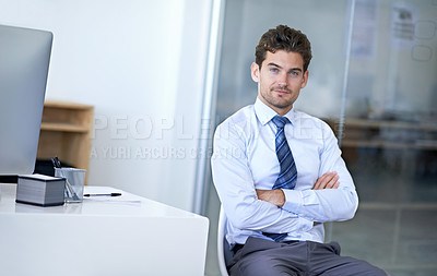 Buy stock photo Businessman, portrait and confidence in corporate office as financial consultant for company, growth or professional. Male person, face and arms crossed or sitting for employee, career or startup