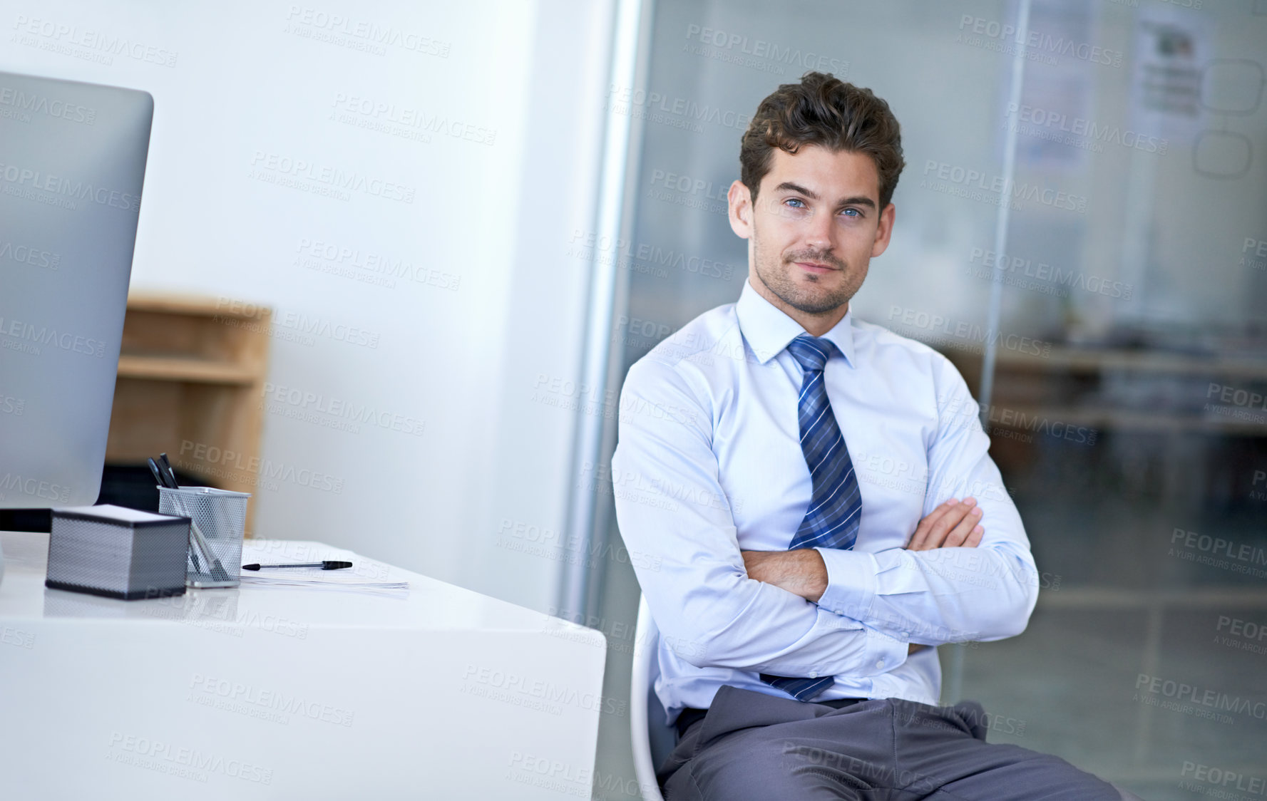 Buy stock photo Businessman, portrait and confidence in corporate office as financial consultant for company, growth or professional. Male person, face and arms crossed or sitting for employee, career or startup