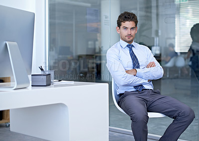 Buy stock photo Portrait, business and man with arms crossed, employee and lawyer with confidence in a workplace. Person at his desk, legal aid and attorney with pride and corporate with professional and startup