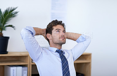 Buy stock photo Business, man and relax in office with thinking of project ideas, stretching or daydreaming in at corporate job. Entrepreneur, employee or thoughtful person at work desk with contemplating or wonder 