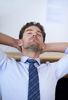 Buy stock photo Businessman, eyes closed and calm breathing in office for stress management, relief and balance for peace while working. Man, relax and moment in workplace for wellness break for corporate work