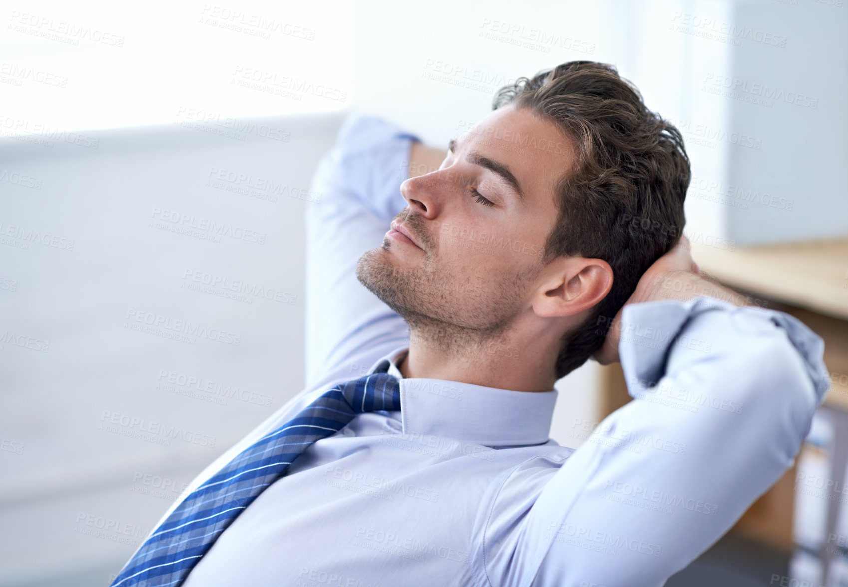 Buy stock photo Businessman, moment and relax breathing in office for stress management, relief and balance for peace while working. Man, calm and eyes closed in workplace for wellness break for corporate work