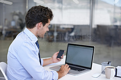 Buy stock photo Businessman, laptop and screen with office, smartphone and technology for communication. Accountant, startup and company with computer, phone and employee for online workspace with corporate