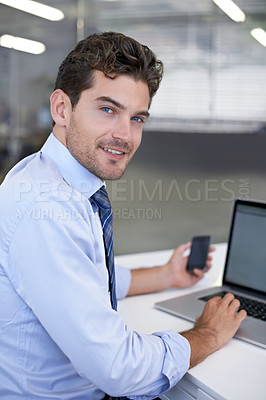 Buy stock photo Businessman, computer and research with office, portrait and technology for communication. Accountant, startup and company with laptop, phone and screen for online workspace and accounting career