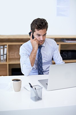 Buy stock photo Business, phone call and man with laptop, communication and planning with conversation and thinking. Person, employee and accountant with a smartphone and mobile user with digital app and connection