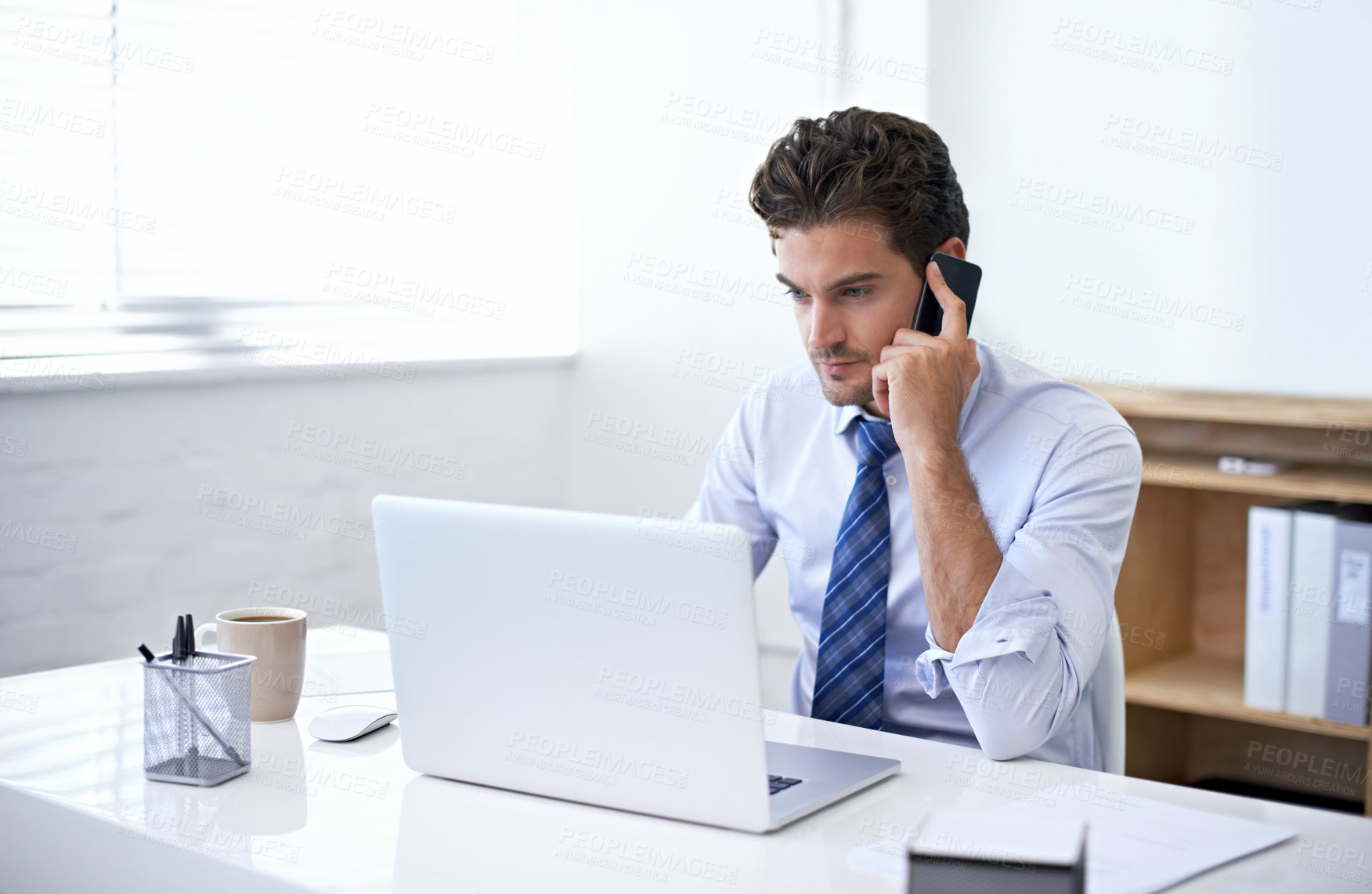 Buy stock photo Businessman, office and phone call for feedback with client for consultation, update and negotiate terms. Cellphone, clarity and discussion with stakeholder for project plan, idea and schedule 