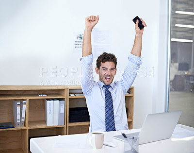 Buy stock photo Businessman, portrait and celebration at desk for achievement for opportunity, deal or promotion. Male person, face and arms up at laptop as financial consultant for win, congratulations or good news
