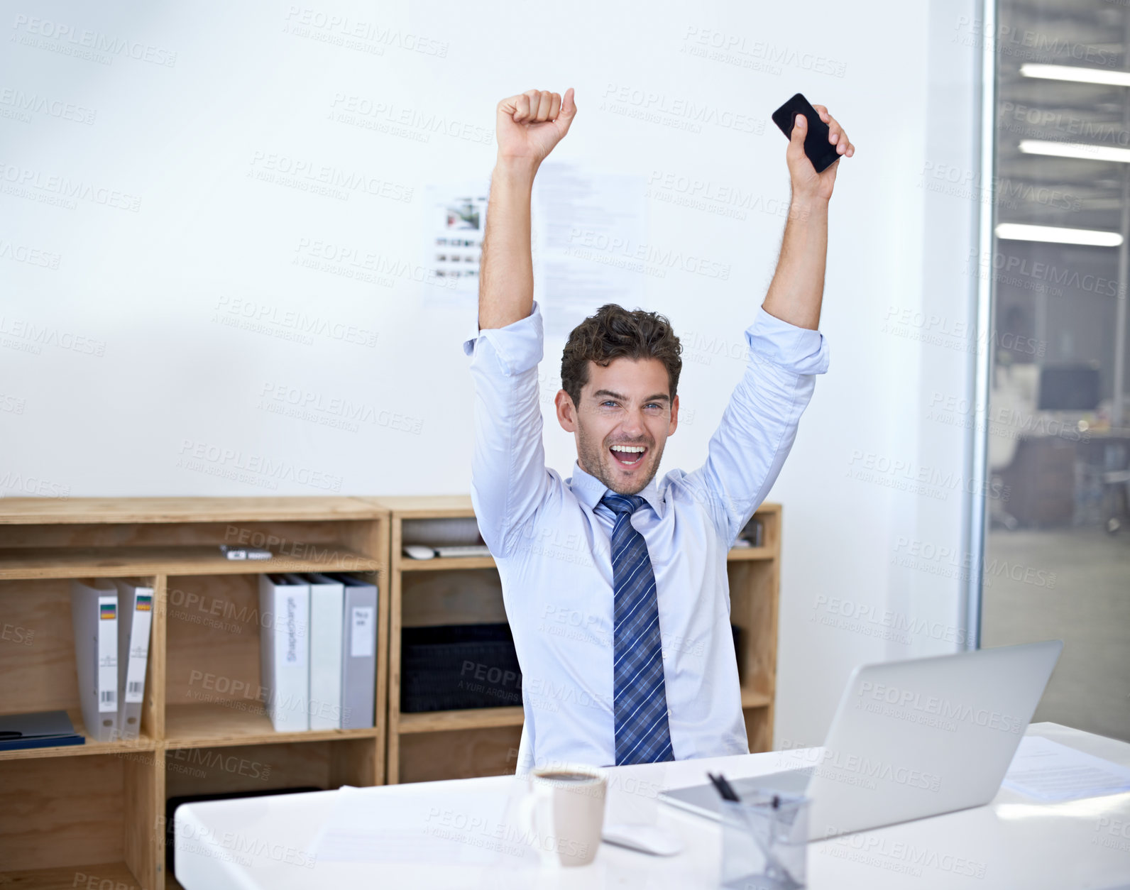 Buy stock photo Businessman, portrait and celebration at desk for achievement for opportunity, deal or promotion. Male person, face and arms up at laptop as financial consultant for win, congratulations or good news