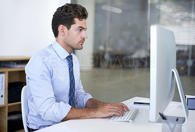 Buy stock photo Business, employee and man with a computer, typing and internet with research and online reading. Person, accountant and financial adviser with a pc and connection with company website, tech and info