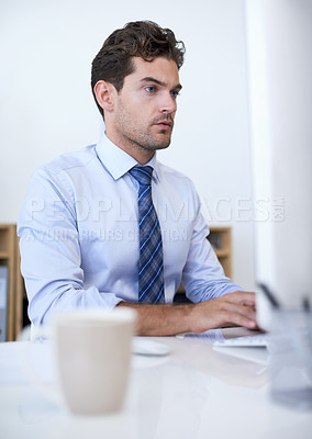 Buy stock photo Thinking, employee and man with a computer, typing and internet with research and planning. Person, accountant and financial adviser with a pc and connection with company blog and reading tech news