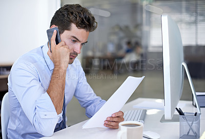 Buy stock photo Businessman, reading and office for phone call, listening and computer in professional workspace. Male person, pc and research for startup, mobile and entrepreneur for career and project management 