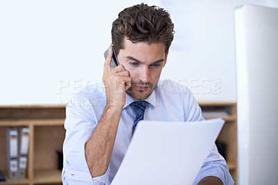 Buy stock photo Businessman, office and document with computer, phone call and technology for communication. Accountant, smartphone and contract for discussion, information and working with company or startup