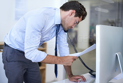 Buy stock photo Businessman, phone call and paperwork at computer for discussion with client for financial advice, loan or investment. Male person, telephone and documents in New York office, network or research