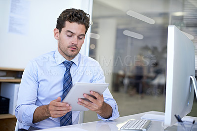 Buy stock photo Tablet, reading and businessman in office for research on finance budget project for company. Computer, professional and male financial advisor working on account with digital technology in workplace