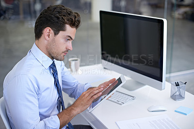 Buy stock photo Businessman, office and tablet with desk, research and pc for corporate communication. Man, technology and table with touchscreen, report and workspace for startup or company with accounting career