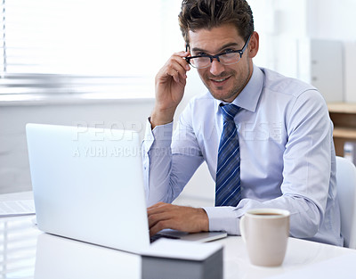 Buy stock photo Smile, laptop and portrait of businessman with glasses in office for networking, communication and online research. Desk, technology and professional man with confidence in business, career or job