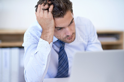 Buy stock photo Laptop, frustrated and business man with stress, fail or mistake with glitch in office. Computer, depression or serious professional with bankruptcy, taxes or challenge of financial crisis with error