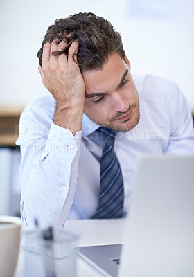 Buy stock photo Laptop, depression and business man with stress, fail or mistake with bad news in office. Computer, frustrated or serious professional with bankruptcy, taxes or challenge of financial crisis on email