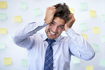 Buy stock photo Portrait, frustrated and man with business, headache and employee with anxiety and pain. Face, person and worker with migraine or stress with burnout or depression with accountant, mistake or startup