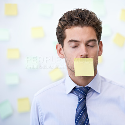 Buy stock photo Man, sticky note and face or business stress or to do list with schedule reminder or project planning, deadline or brainstorming. Male person, employee and eyes closed or tired, overworked or burnout