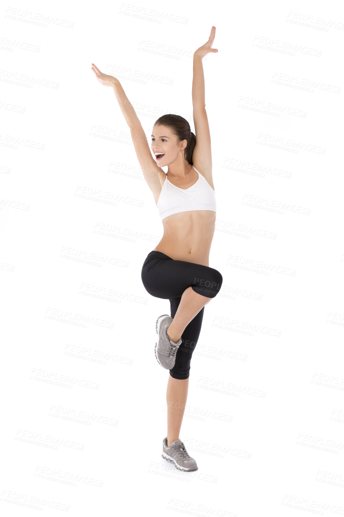 Buy stock photo Woman, fitness and studio in zumba, exercise and yoga pose by white background for wellness. Female trainer, pilates and balance form, strength and stretches for confidence and workout for health